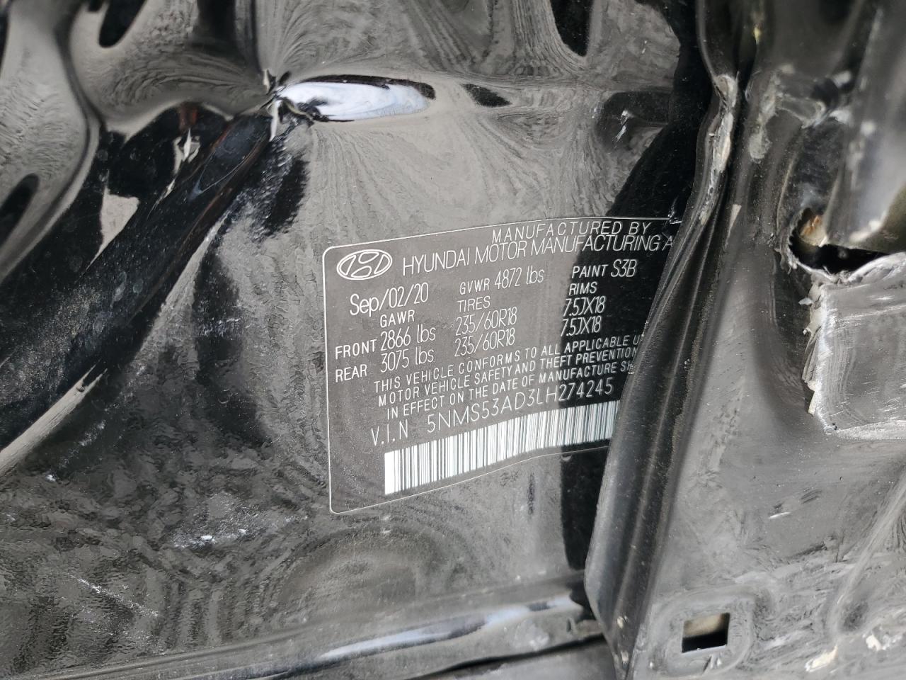 2020 Hyundai Santa Fe Limited VIN: 5NMS53AD3LH274245 Lot: 63399225