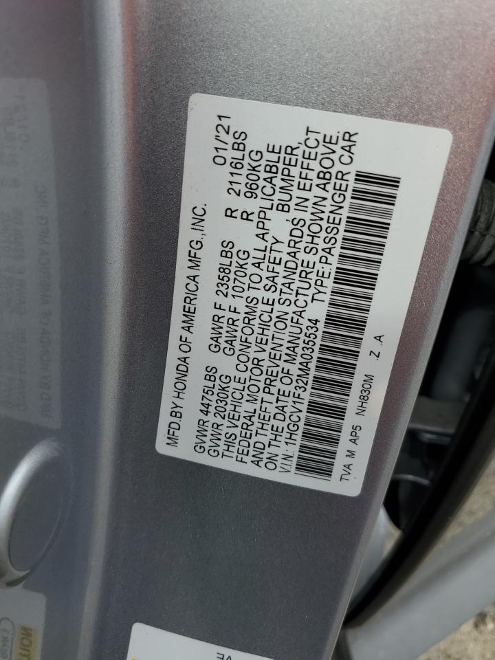 2021 Honda Accord Sport VIN: 1HGCV1F32MA035534 Lot: 63161565