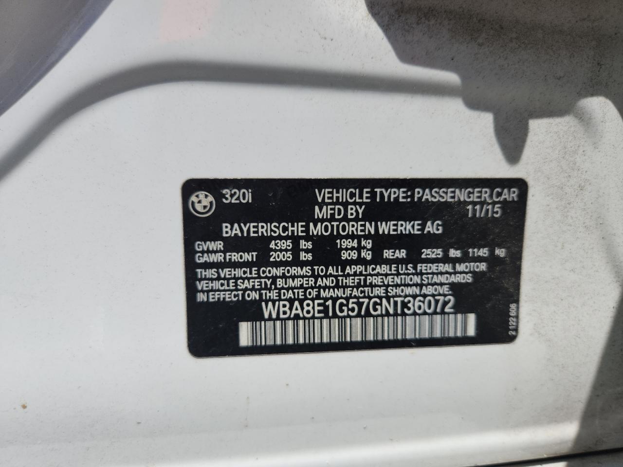 2016 BMW 320 I VIN: WBA8E1G57GNT36072 Lot: 64188085