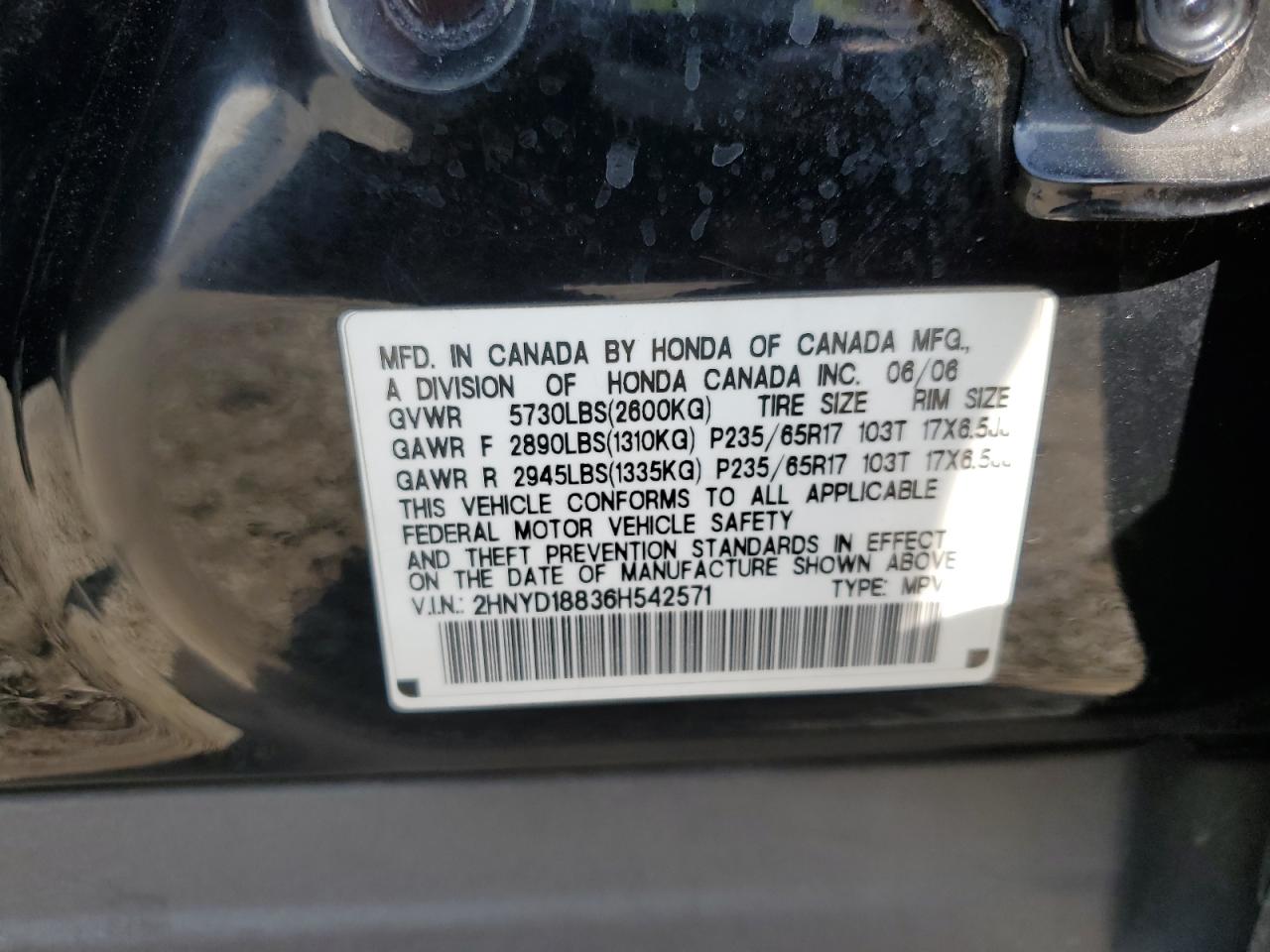 2006 Acura Mdx Touring VIN: 2HNYD18836H542571 Lot: 63344875
