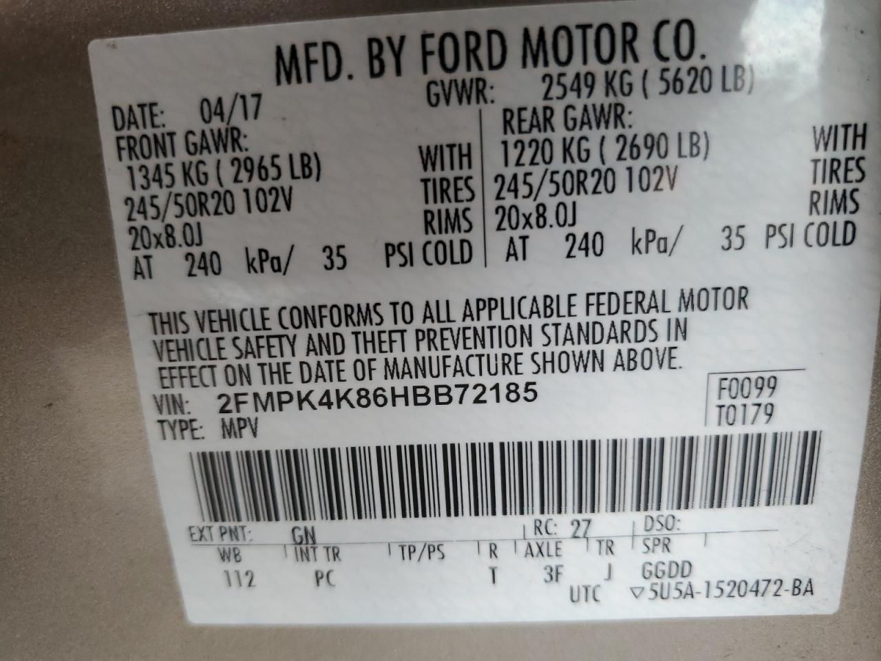 2017 Ford Edge Titanium VIN: 2FMPK4K86HBB72185 Lot: 66844315