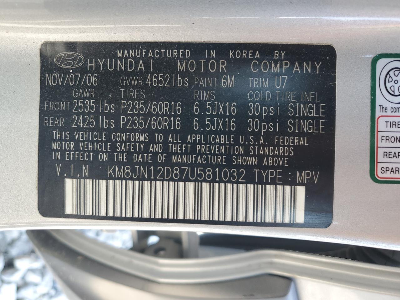 2007 Hyundai Tucson Se VIN: KM8JN12D87U581032 Lot: 63926445