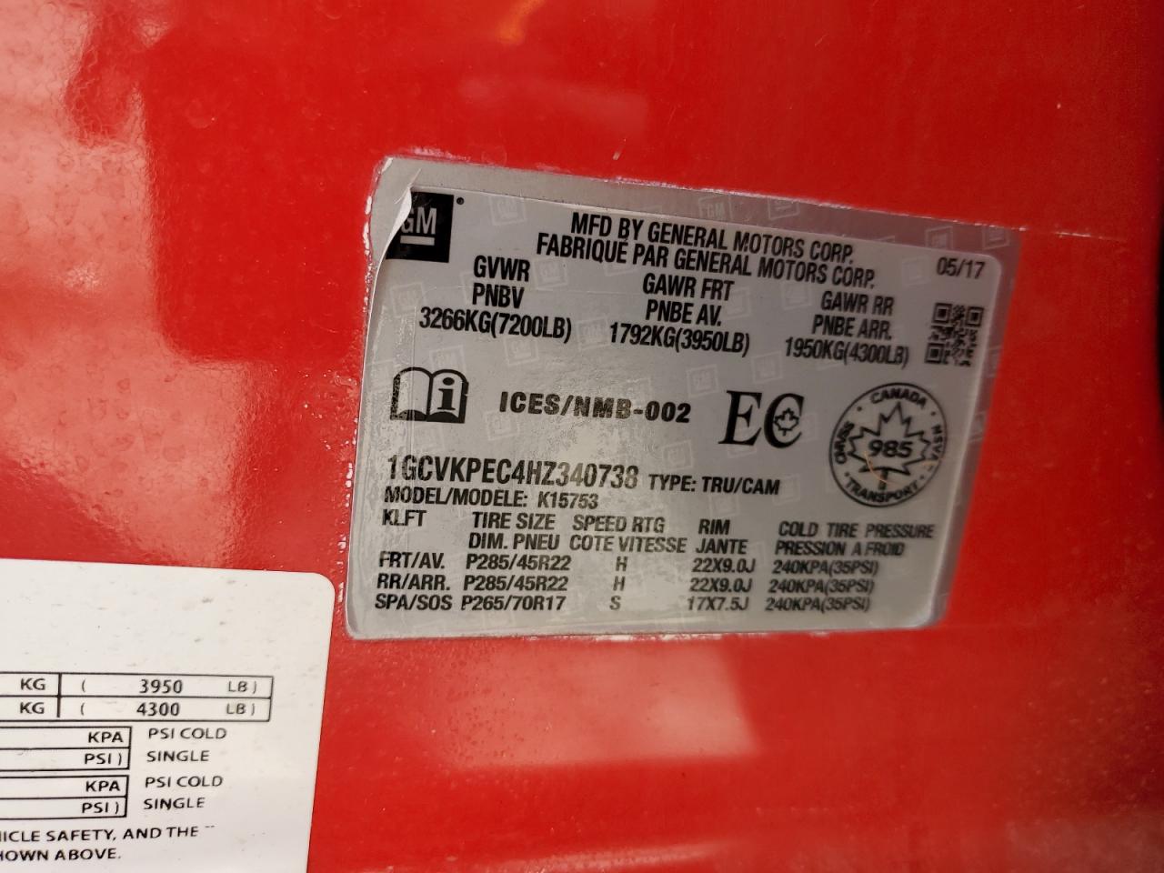 2017 Chevrolet Silverado K1500 Custom VIN: 1GCVKPEC4HZ340738 Lot: 64577295