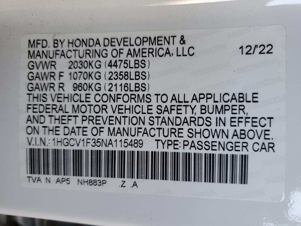 2022 Honda Accord Sport VIN: 1HGCV1F35NA115489 Lot: 63694495