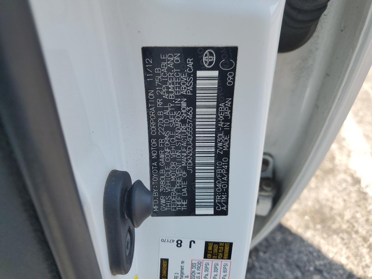 2013 Toyota Prius VIN: JTDKN3DU4D5557463 Lot: 65397715