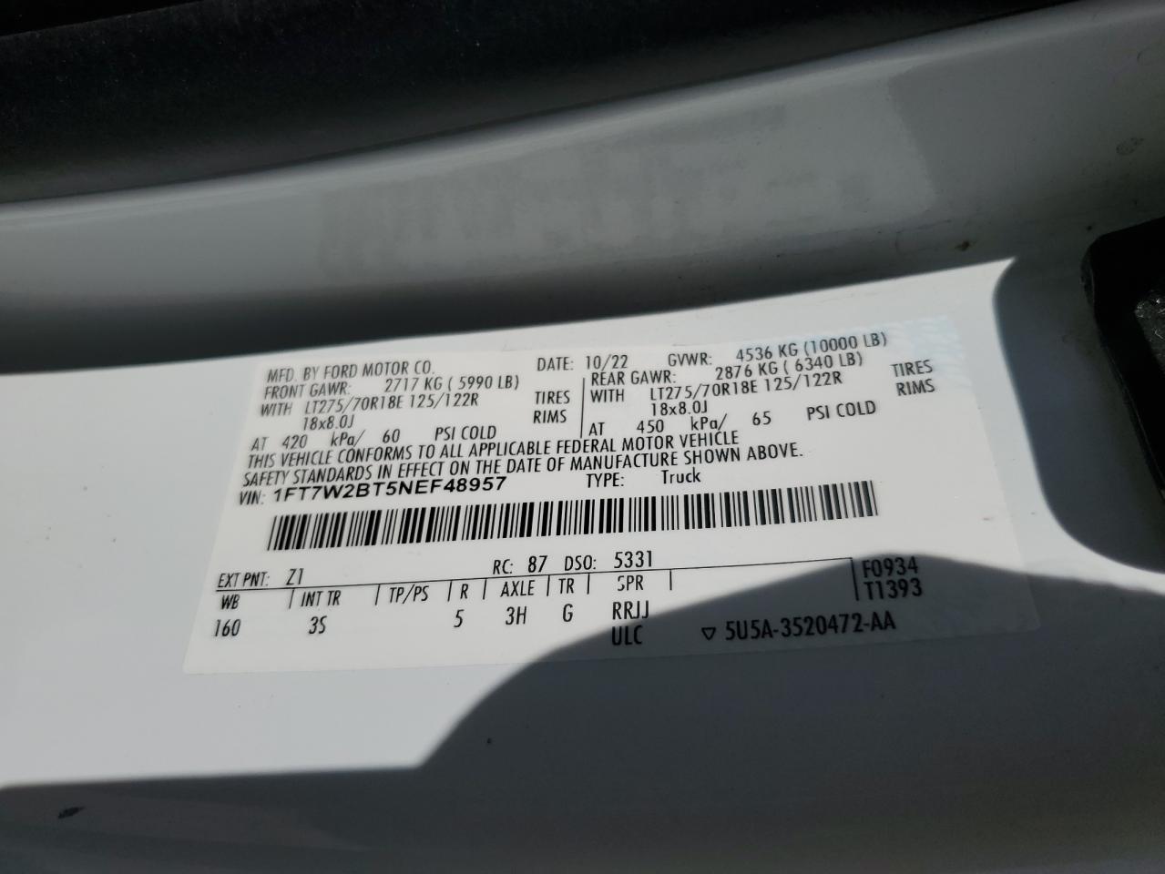 2022 Ford F250 Super Duty VIN: 1FT7W2BT5NEF48957 Lot: 62907725