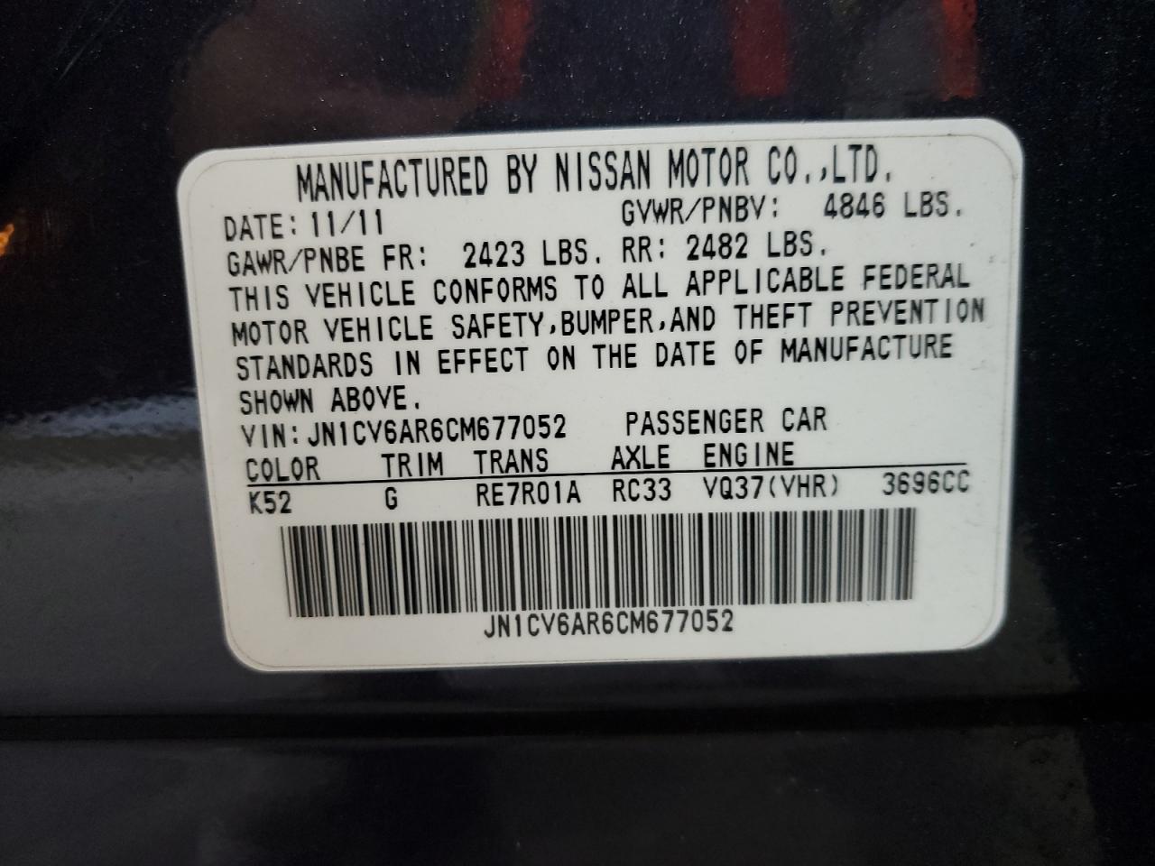 2012 Infiniti G37 VIN: JN1CV6AR6CM677052 Lot: 64958785