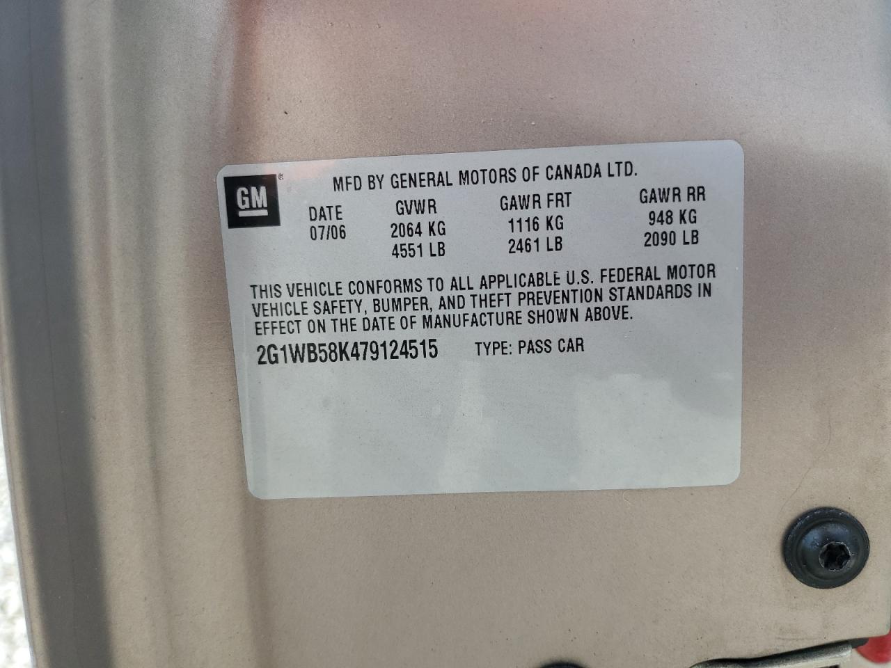 2007 Chevrolet Impala Ls VIN: 2G1WB58K479124515 Lot: 62727795