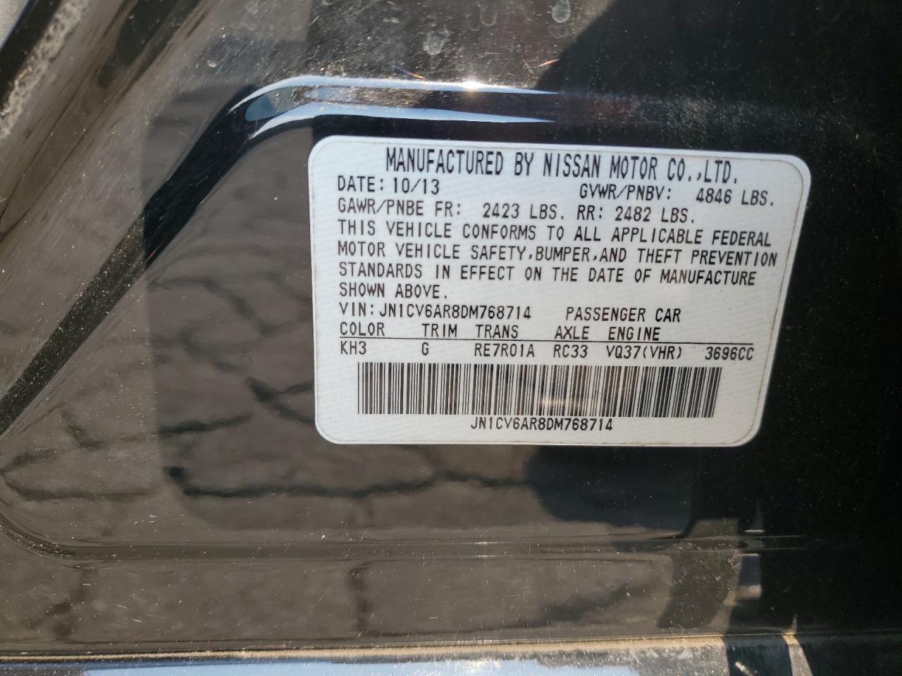 2013 Infiniti G37 VIN: JN1CV6AR8DM768714 Lot: 63470135