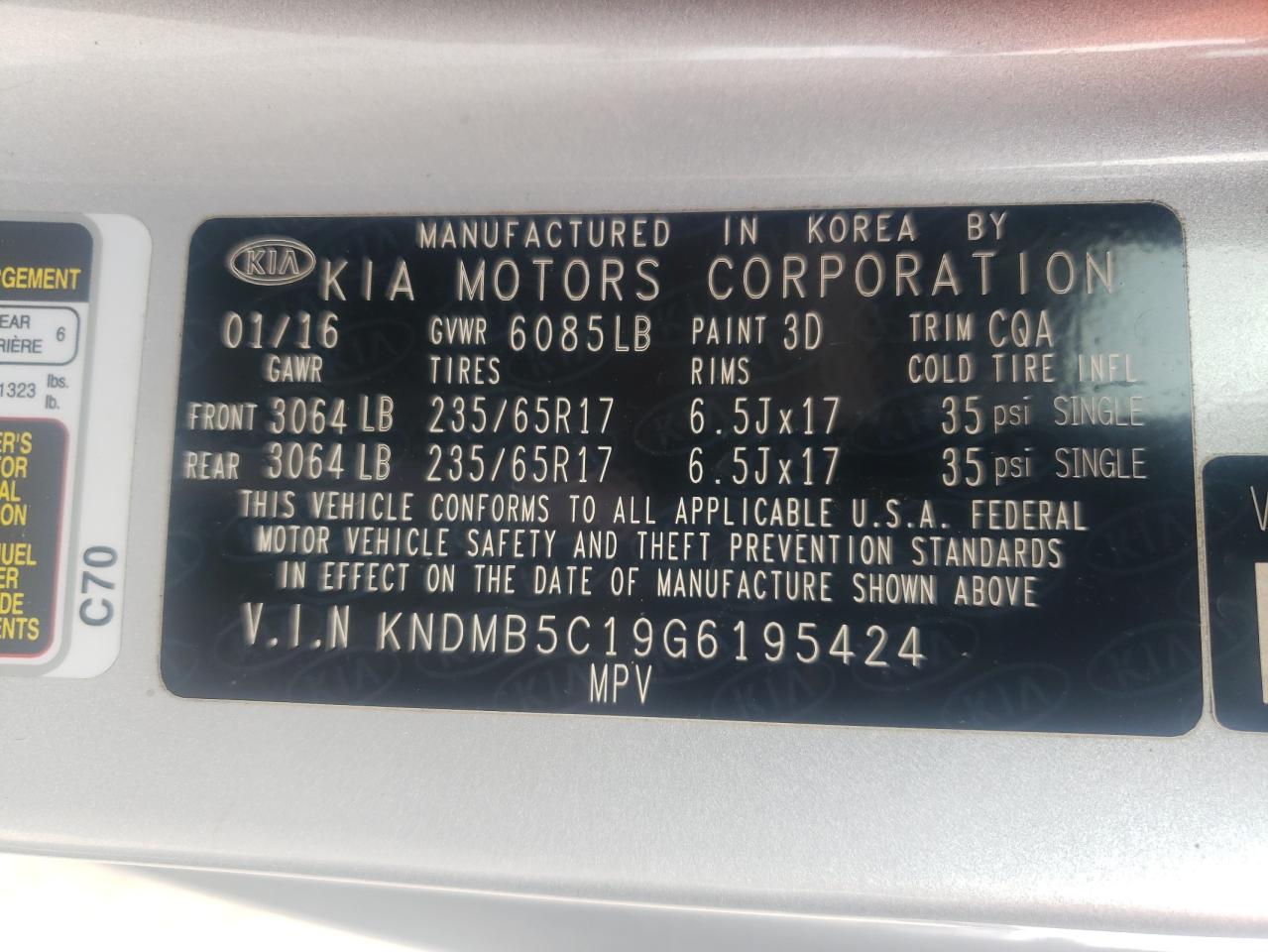 2016 Kia Sedona Lx VIN: KNDMB5C19G6195424 Lot: 65677145