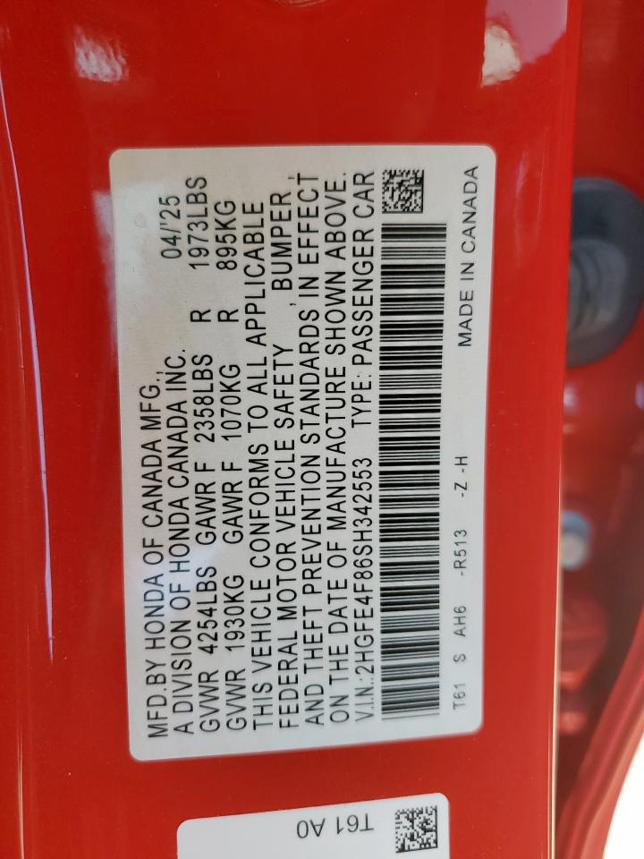 2025 Honda Civic Sport VIN: 2HGFE4F86SH342553 Lot: 62865035