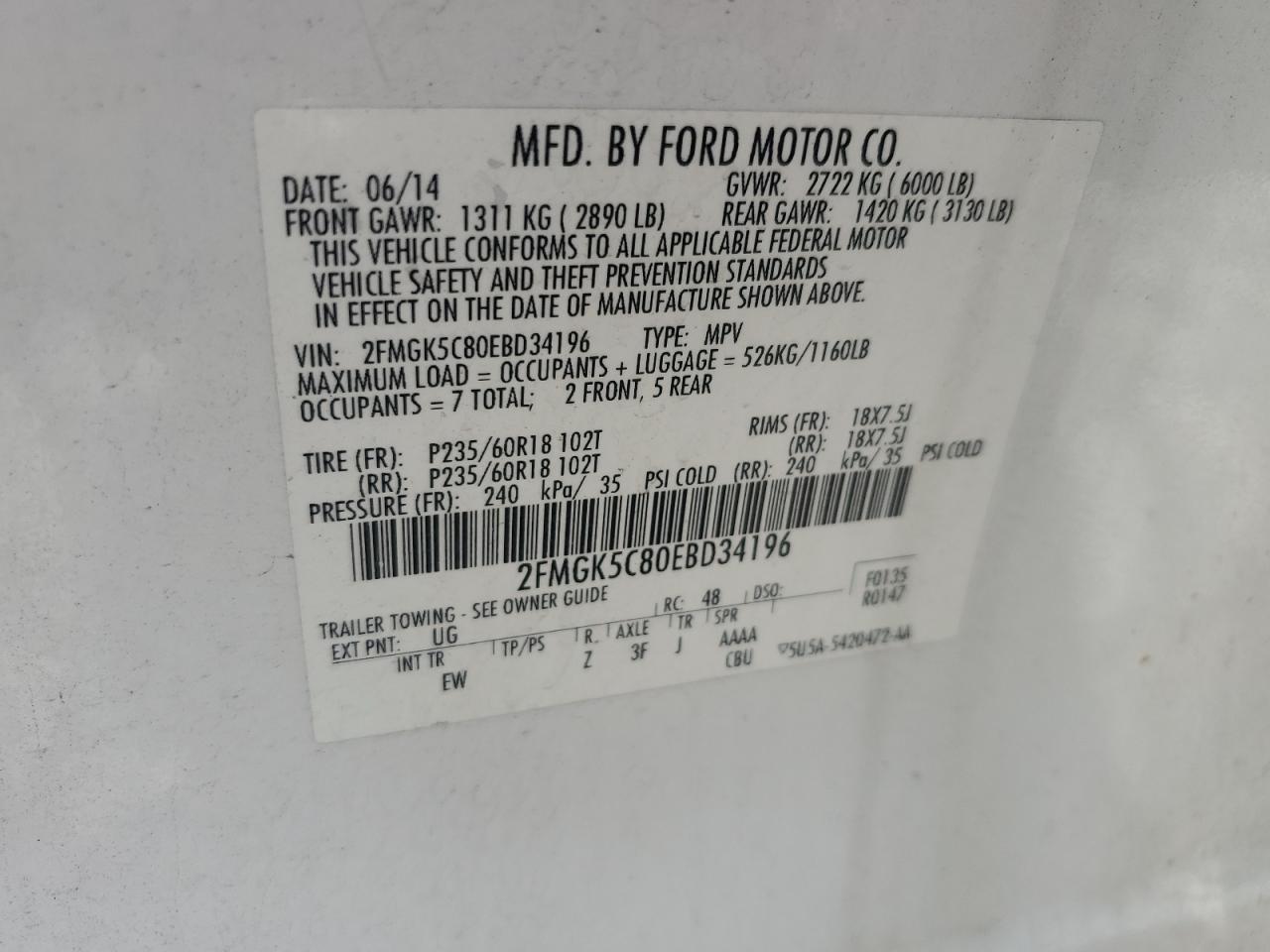 2014 Ford Flex Sel VIN: 2FMGK5C80EBD34196 Lot: 63598765