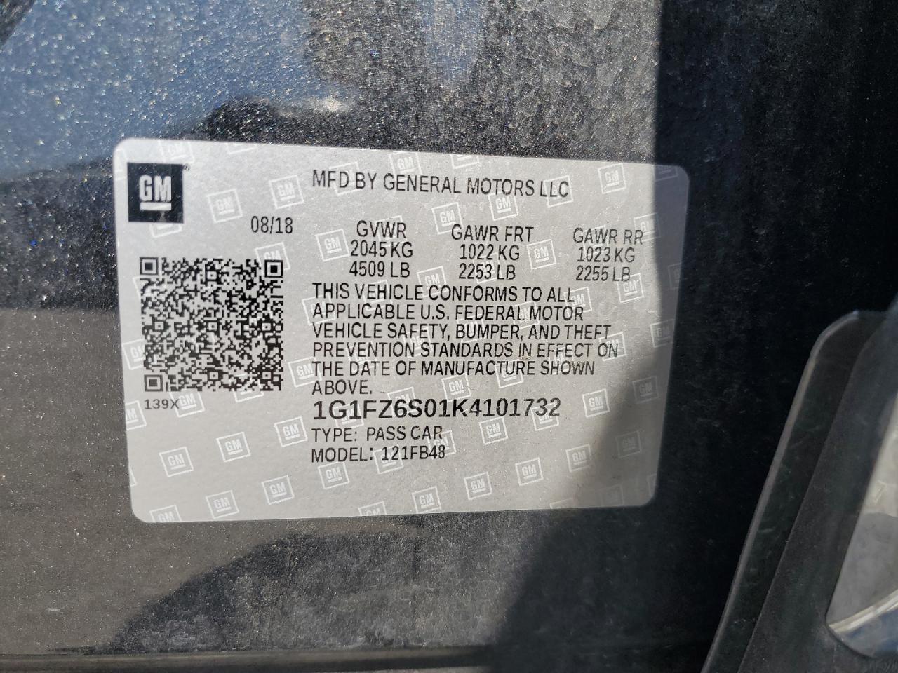 2019 Chevrolet Bolt Ev Premier VIN: 1G1FZ6S01K4101732 Lot: 65078585