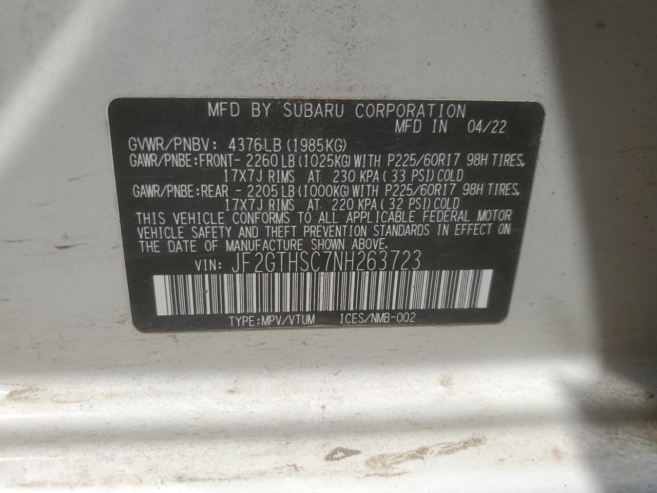 2022 Subaru Crosstrek Sport VIN: JF2GTHSC7NH263723 Lot: 63065855