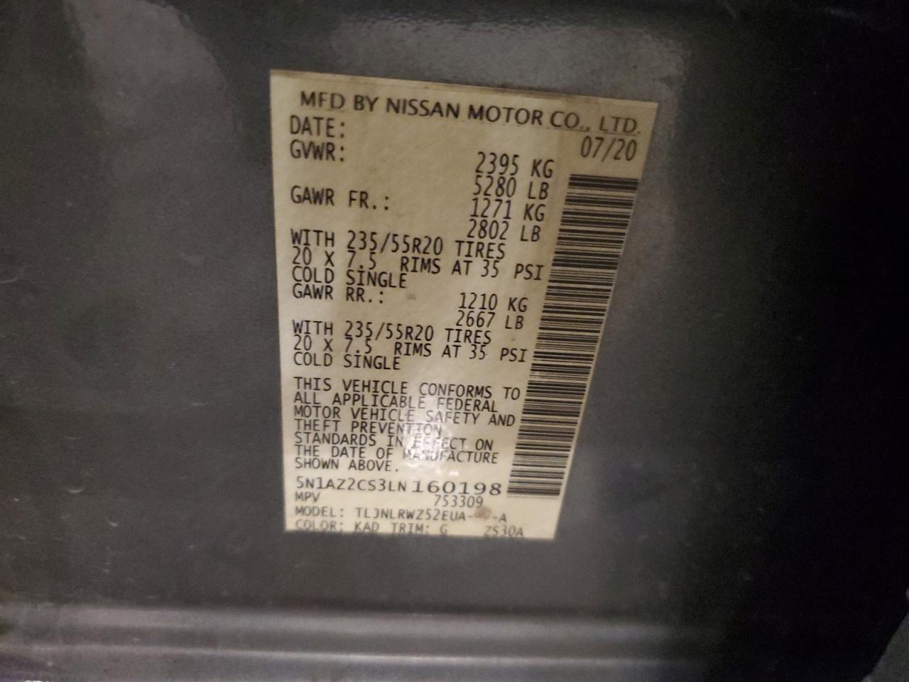 2020 Nissan Murano Sl VIN: 5N1AZ2CS3LN160198 Lot: 63662605