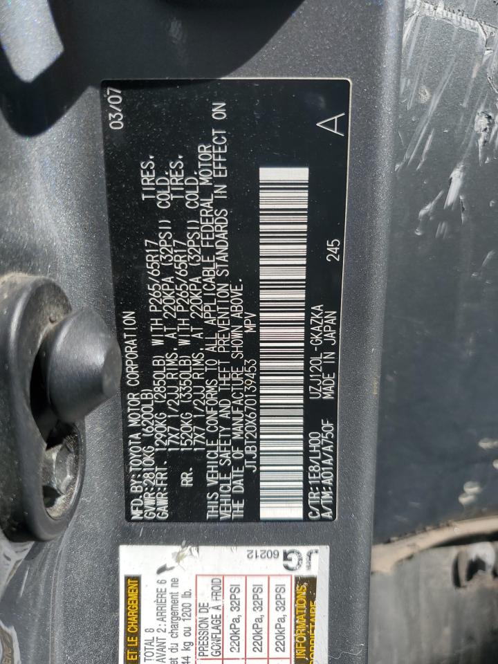 2007 Lexus Gx 470 VIN: JTJBT20X670139453 Lot: 63634135