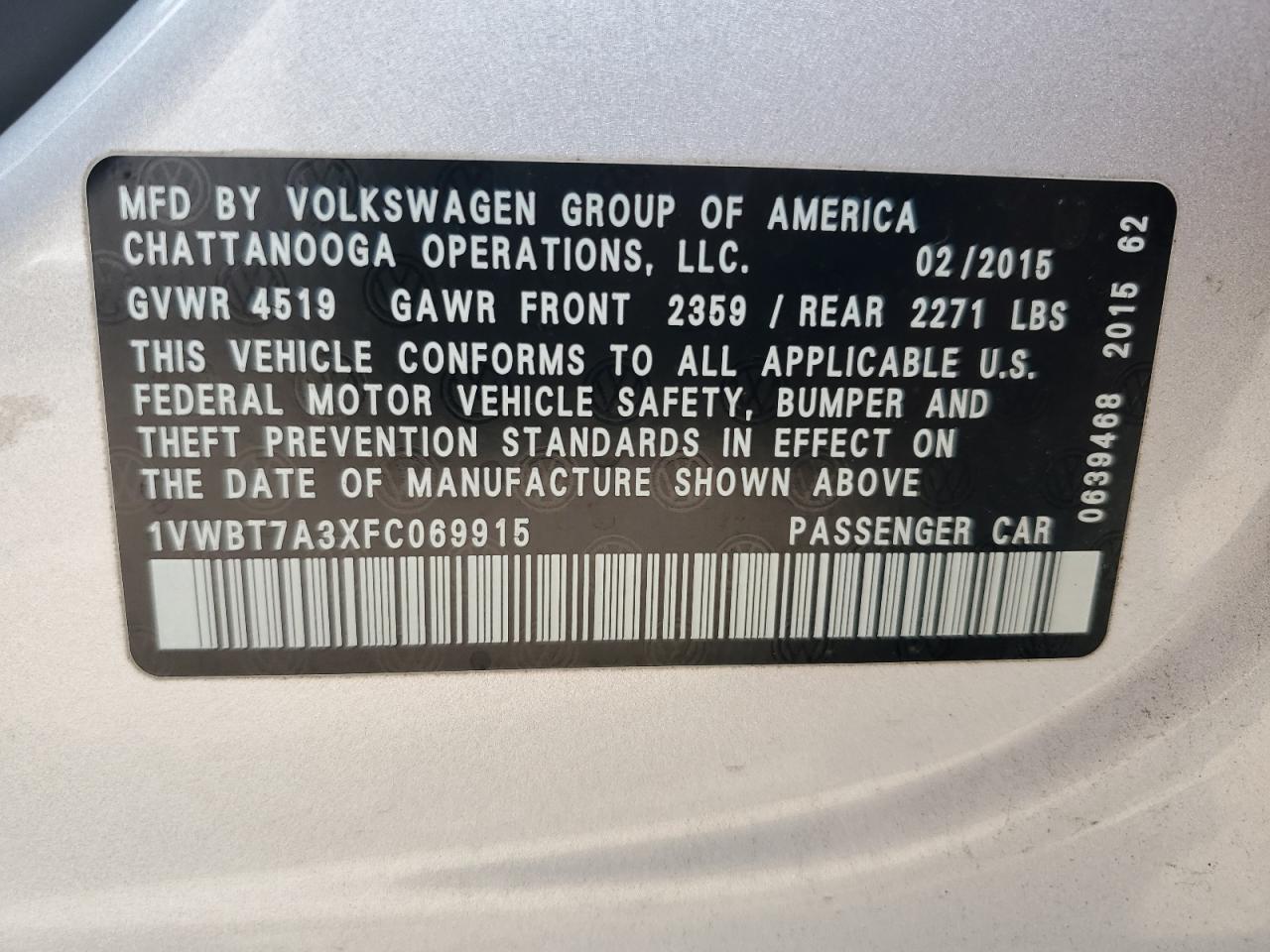 2015 Volkswagen Passat Se VIN: 1VWBT7A3XFC069915 Lot: 65417445