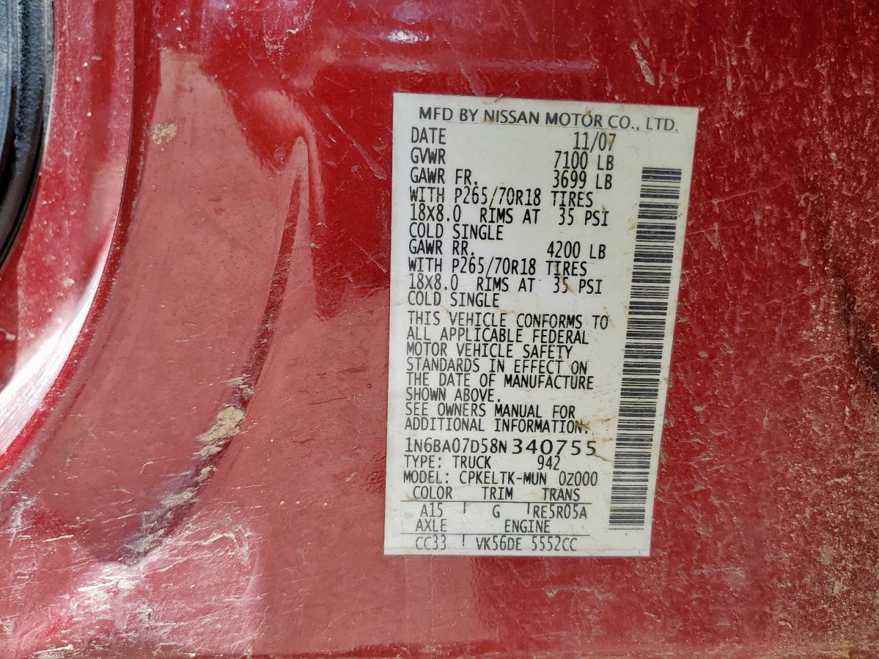 2008 Nissan Titan Xe VIN: 1N6BA07D58N340755 Lot: 64829865