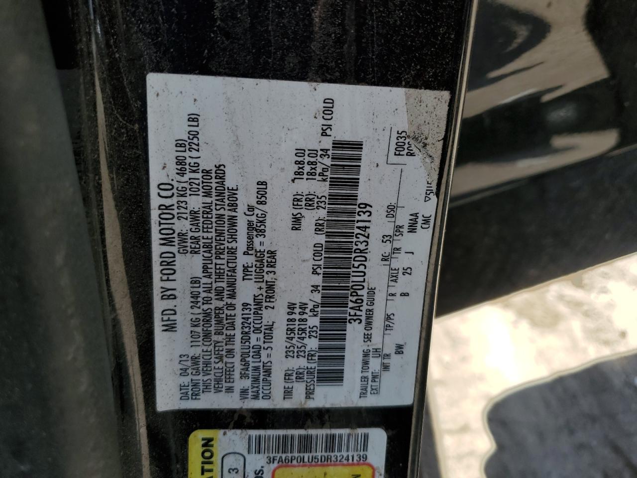 2013 Ford Fusion Se Hybrid VIN: 3FA6P0LU5DR324139 Lot: 64329185