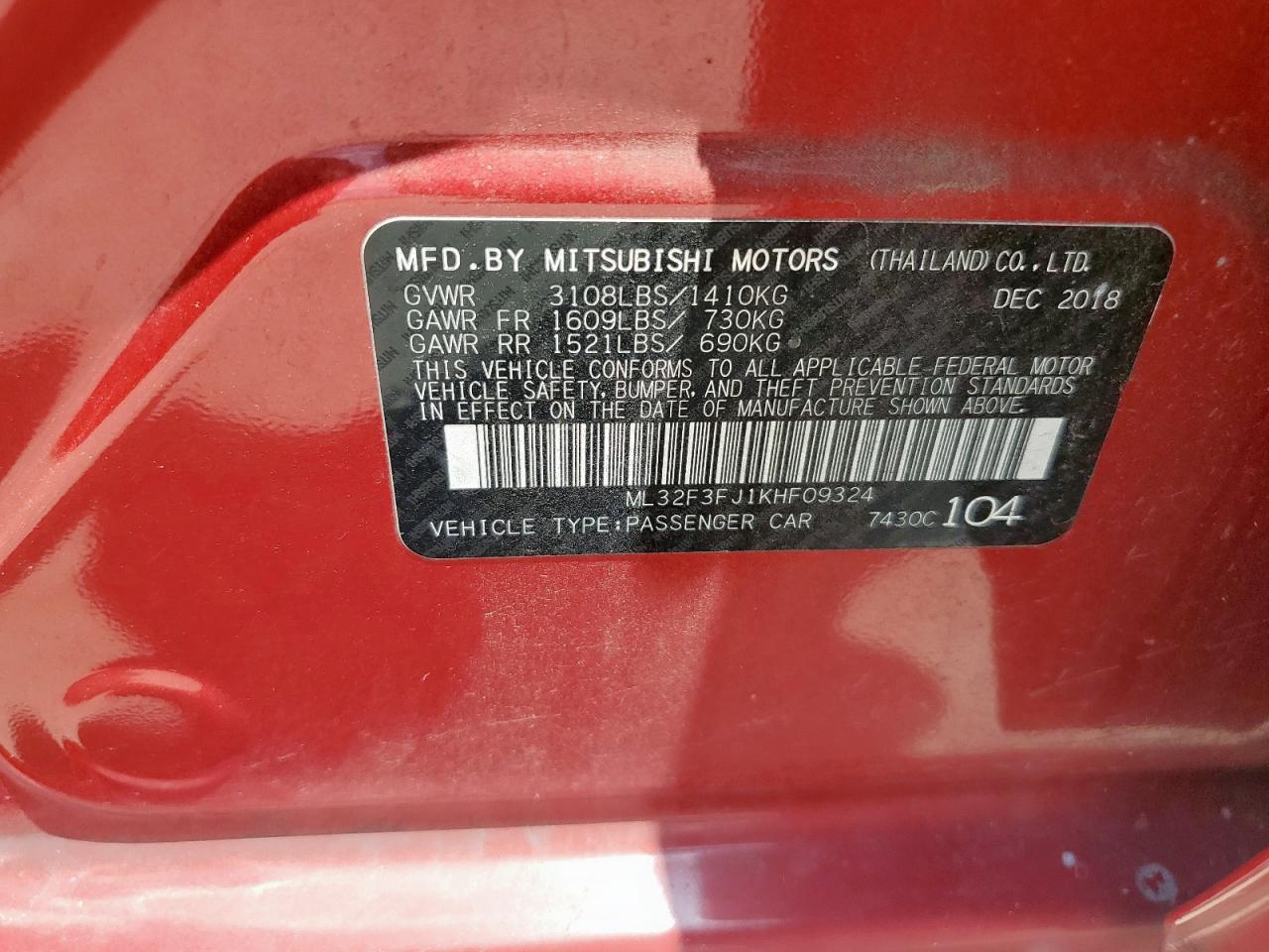 2019 Mitsubishi Mirage G4 Es VIN: ML32F3FJ1KHF09324 Lot: 64130155