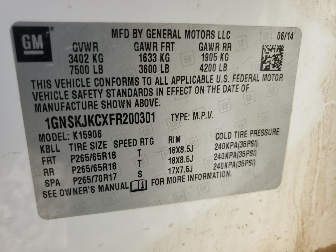 1gnskjkcxfr200301 1GNSKJKCXFR200301 2015 Chevrolet Suburban K1500 Lt
