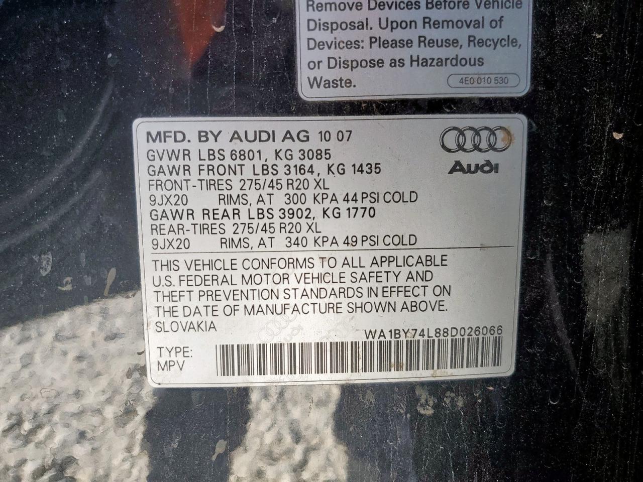 2008 Audi Q7 3.6 Quattro Premium VIN: WA1BY74L88D026066 Lot: 66301335