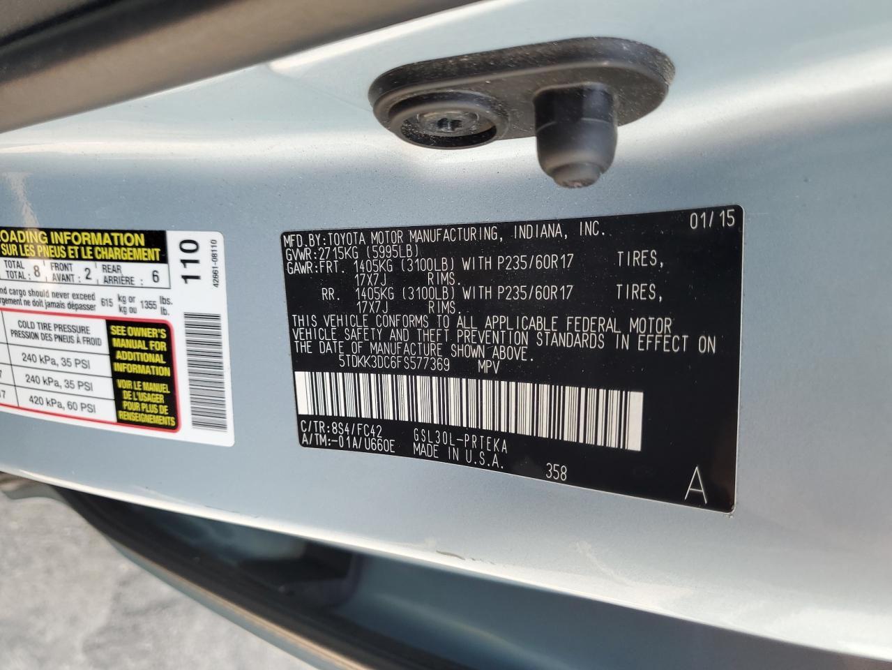 2015 Toyota Sienna Le VIN: 5TDKK3DC6FS577369 Lot: 63610095