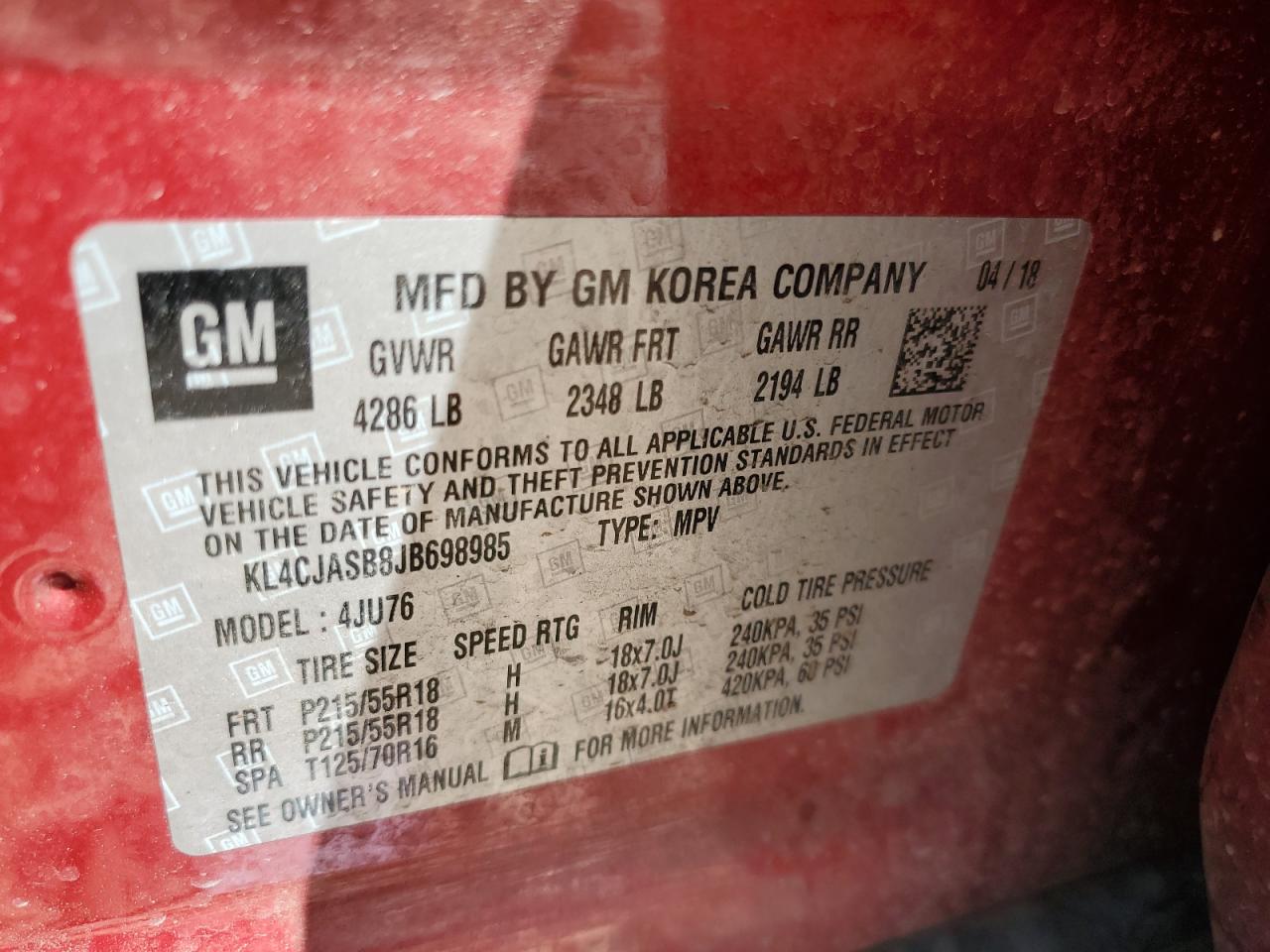2018 Buick Encore Preferred VIN: KL4CJASB8JB698985 Lot: 66228955