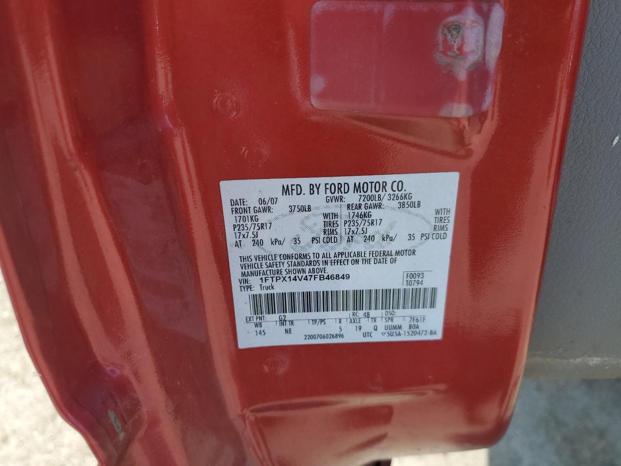 2007 Ford F150 VIN: 1FTPX14V47FB46849 Lot: 63165845