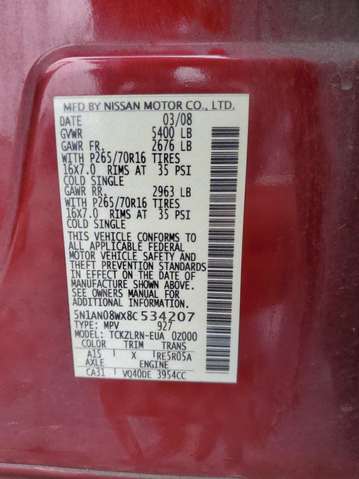 2008 Nissan Xterra Off Road VIN: 5N1AN08WX8C534207 Lot: 63137905