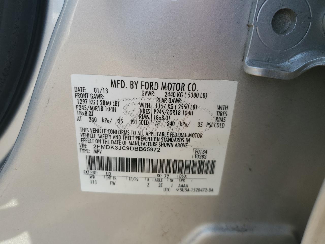 2013 Ford Edge Sel VIN: 2FMDK3JC9DBB65972 Lot: 63448725