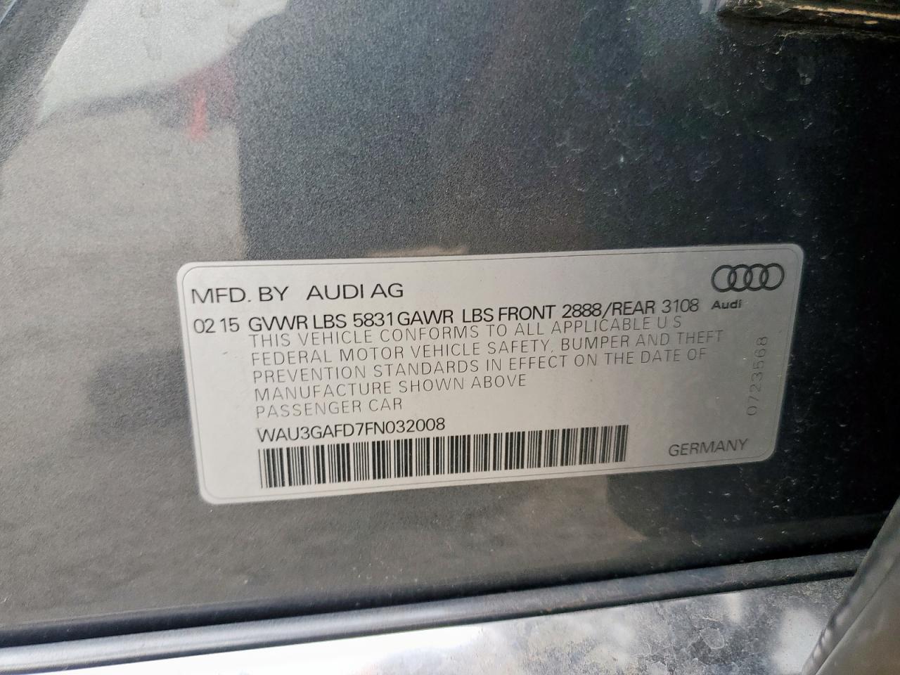2015 Audi A8 L Quattro VIN: WAU3GAFD7FN032008 Lot: 64984855