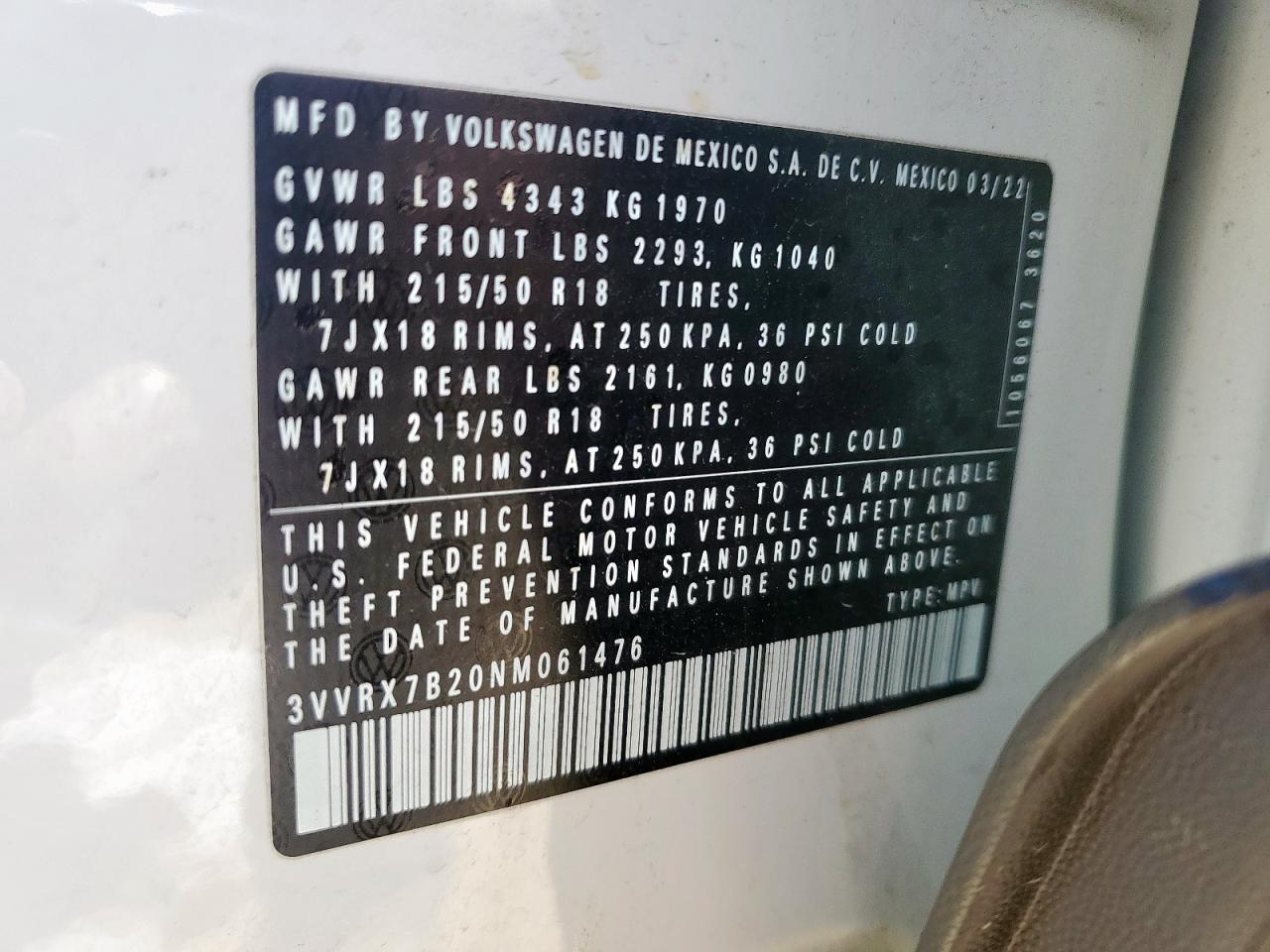 2022 Volkswagen Taos Se VIN: 3VVRX7B20NM061476 Lot: 65562025