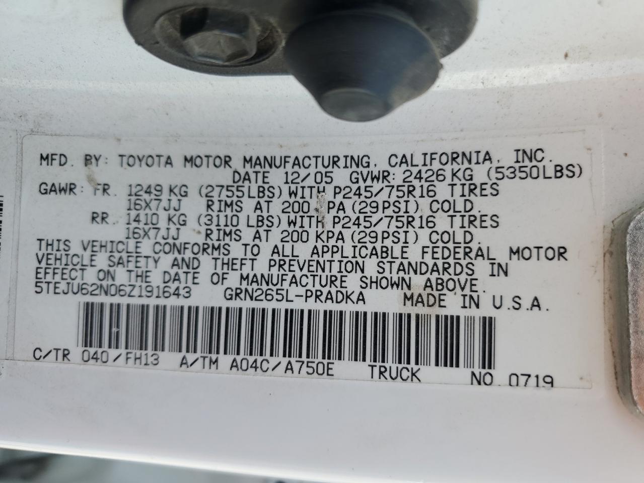 2006 Toyota Tacoma Double Cab Prerunner VIN: 5TEJU62N06Z191643 Lot: 64499385
