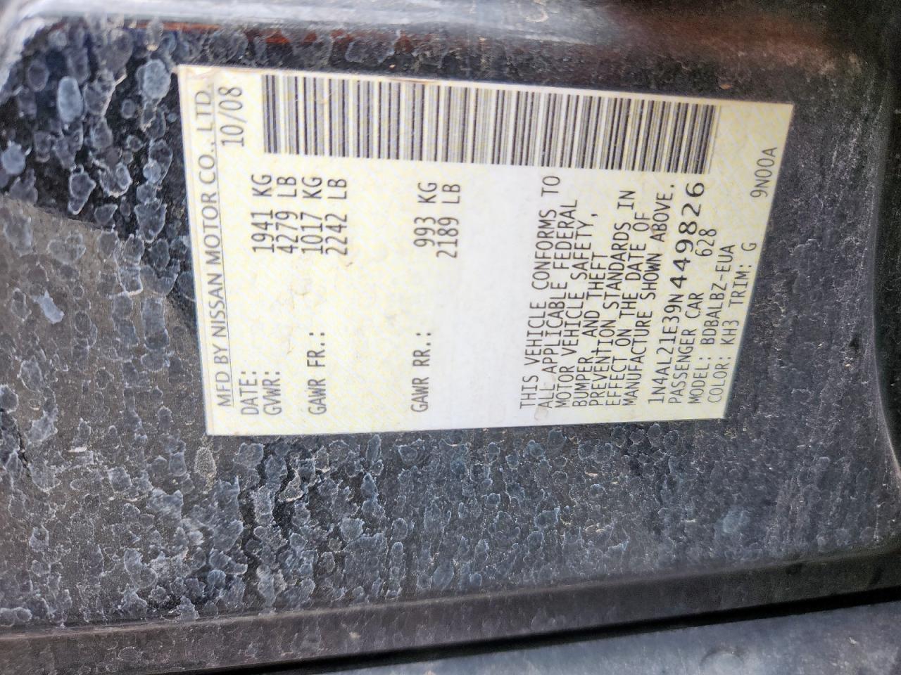 2009 Nissan Altima 2.5 VIN: 1N4AL21E39N449826 Lot: 63286375