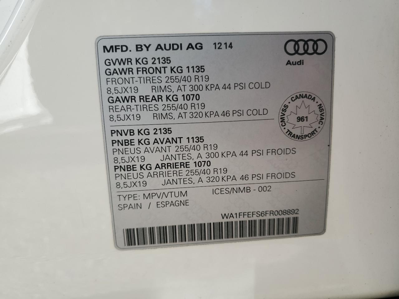 2015 Audi Q3 Prestige VIN: WA1FFEFS6FR008892 Lot: 65539175