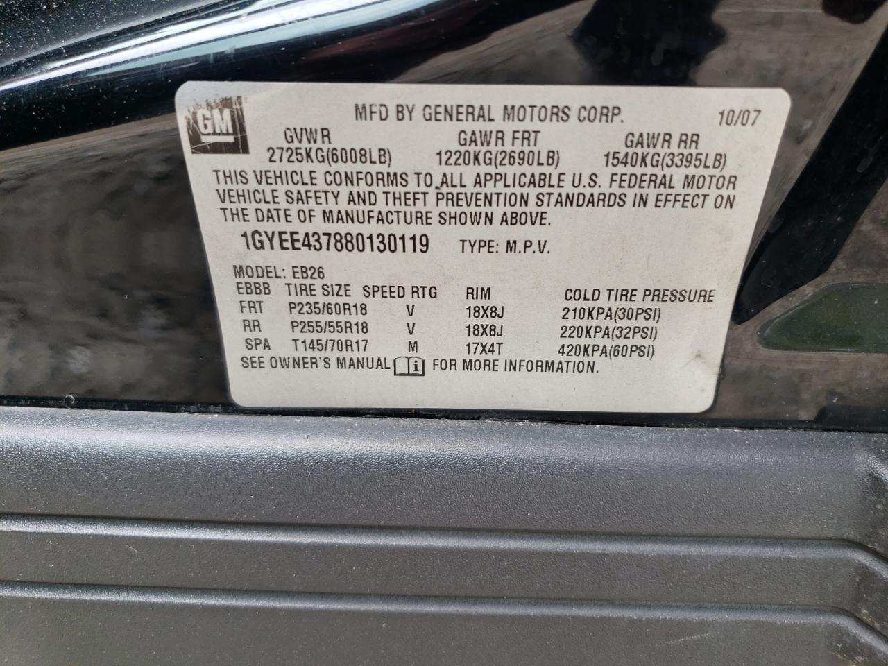 2008 Cadillac Srx VIN: 1GYEE437880130119 Lot: 64436125