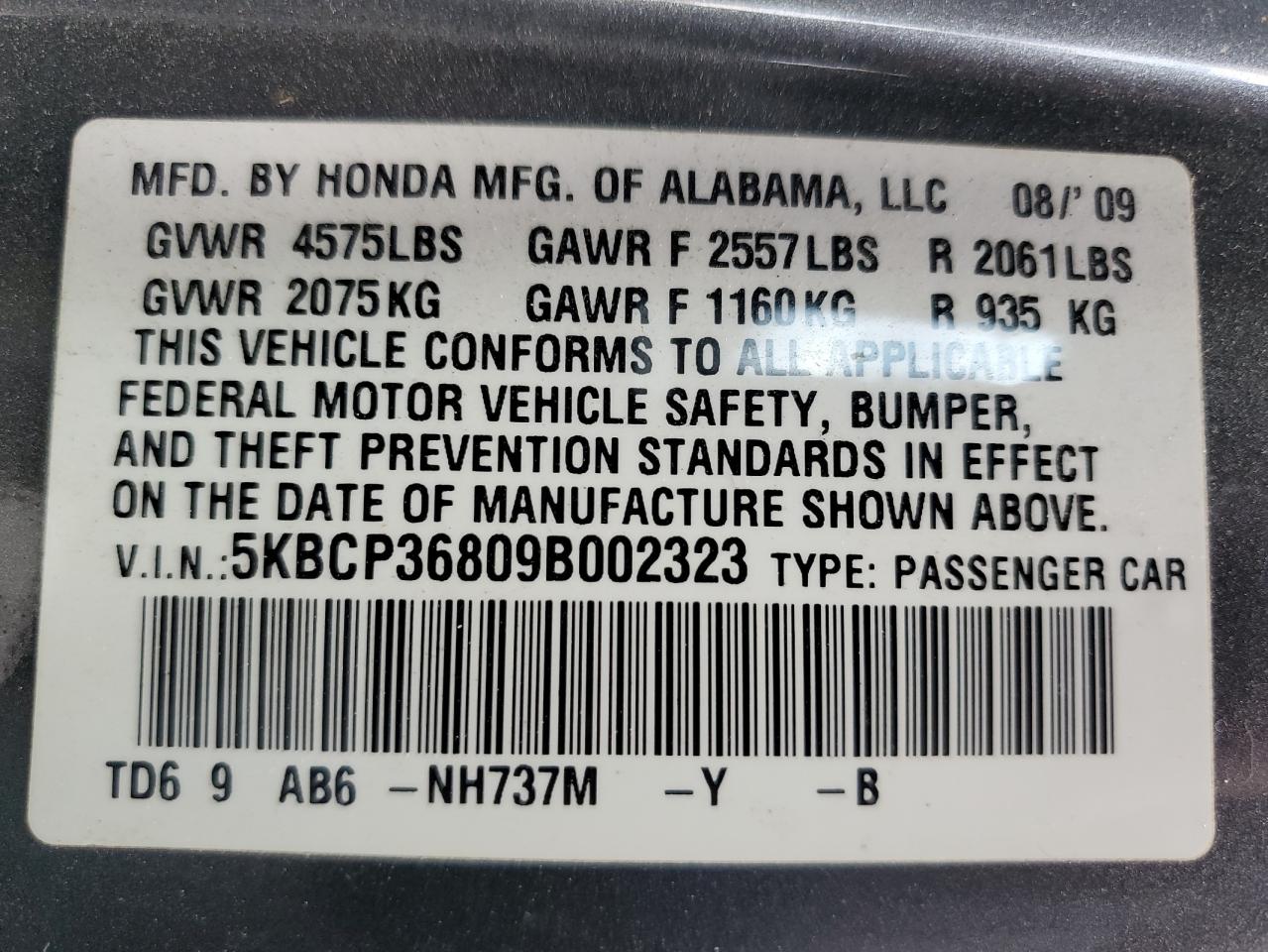 2009 Honda Accord Exl VIN: 5KBCP36809B002323 Lot: 62924505