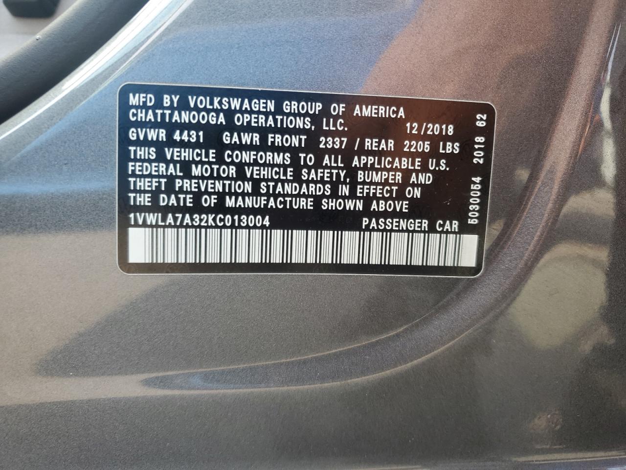 2019 Volkswagen Passat Wolfsburg VIN: 1VWLA7A32KC013004 Lot: 62879905