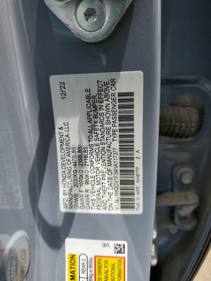2022 Honda Accord Sport VIN: 1HGCV1F34NA117377 Lot: 65242815