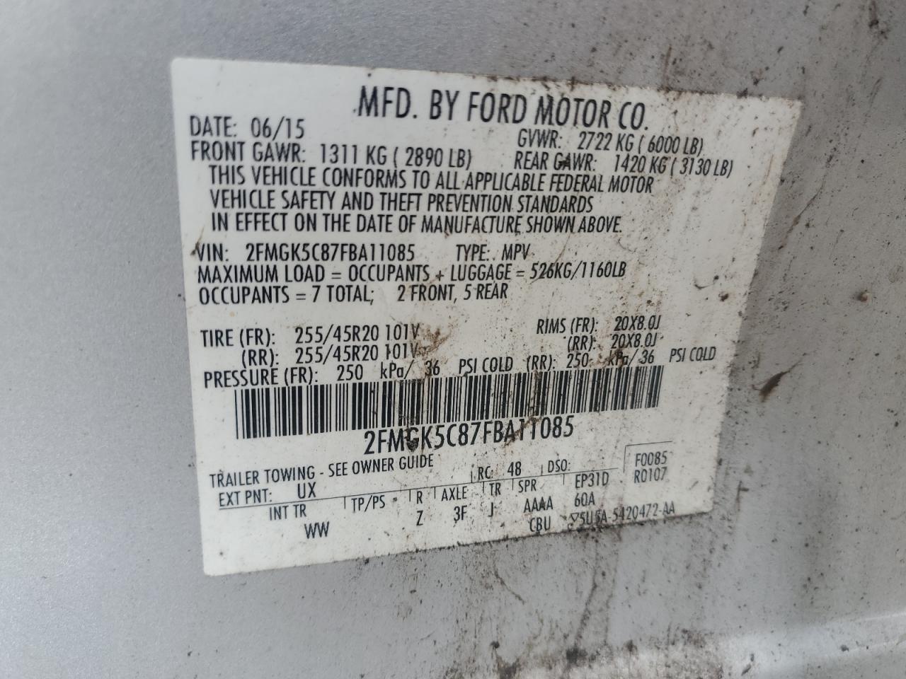 2015 Ford Flex Sel VIN: 2FMGK5C87FBA11085 Lot: 64821085