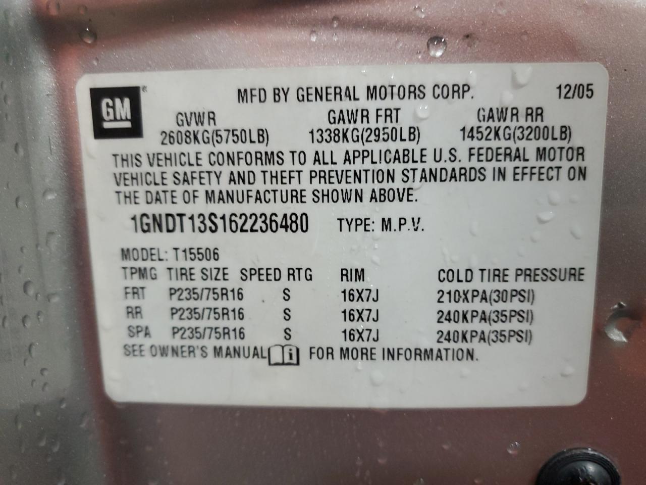 1gndt13s162236480 1GNDT13S162236480 2006 Chevrolet Trailblazer Ls
