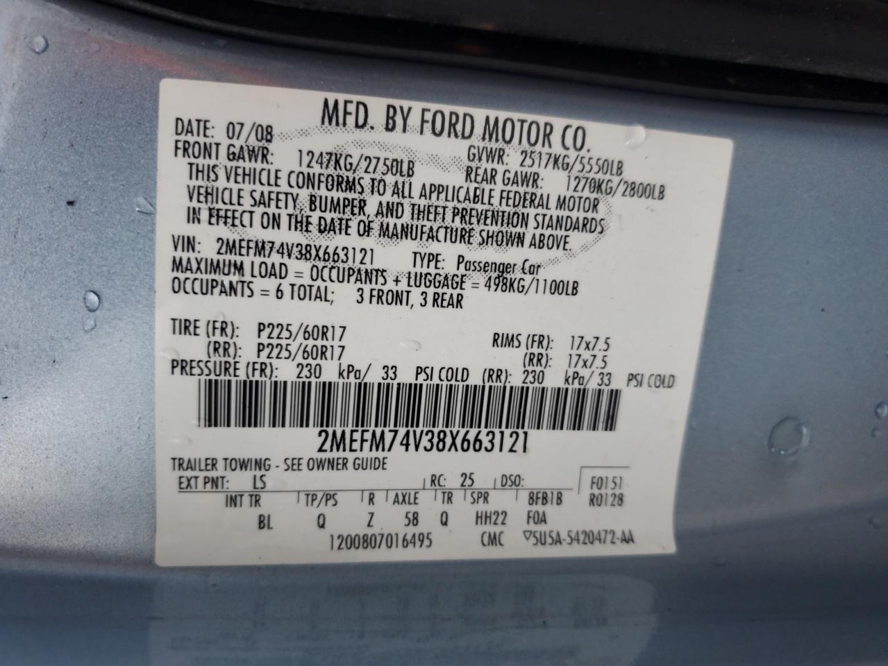 2008 Mercury Grand Marquis Gs VIN: 2MEFM74V38X663121 Lot: 64052935