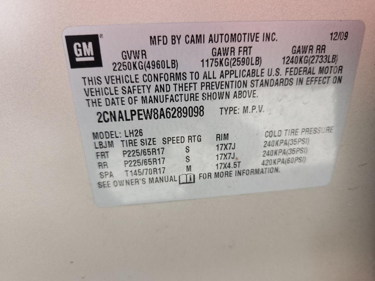 2010 Chevrolet Equinox Lt VIN: 2CNALPEW8A6289098 Lot: 63017005