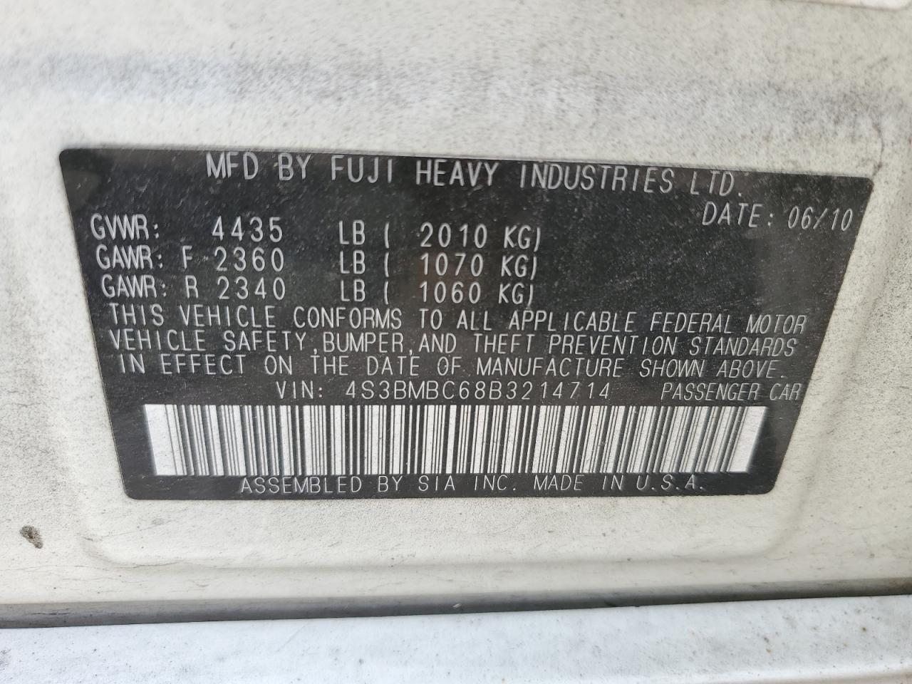 2011 Subaru Legacy 2.5I Premium VIN: 4S3BMBC68B3214714 Lot: 65786755