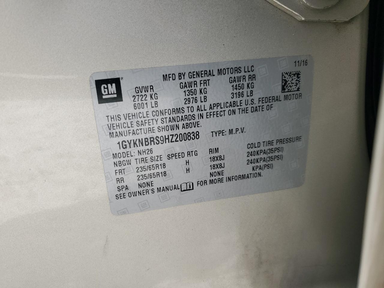 2017 Cadillac Xt5 Luxury VIN: 1GYKNBRS9HZ200838 Lot: 65813045