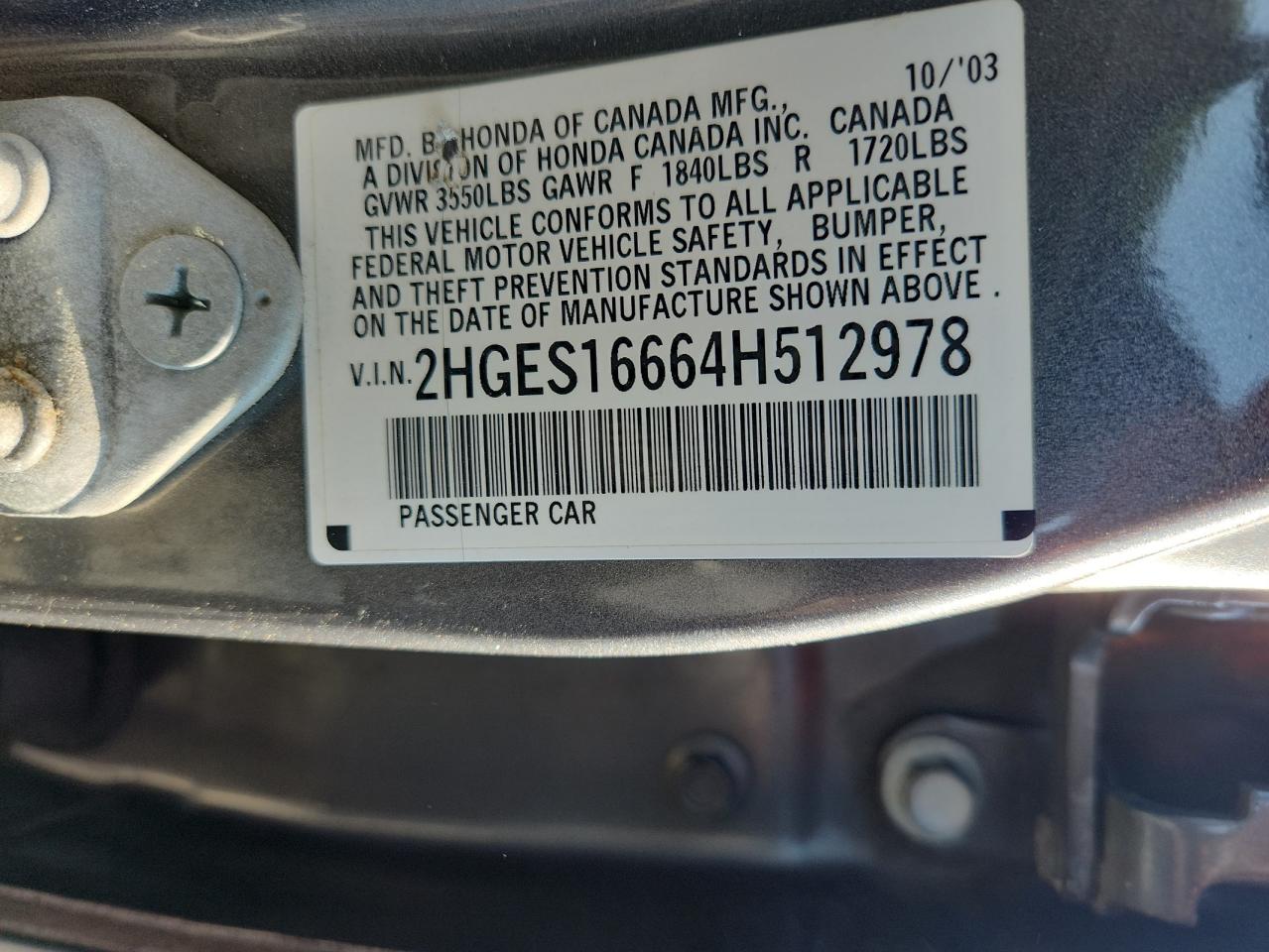 2004 Honda Civic Lx VIN: 2HGES16664H512978 Lot: 63300385