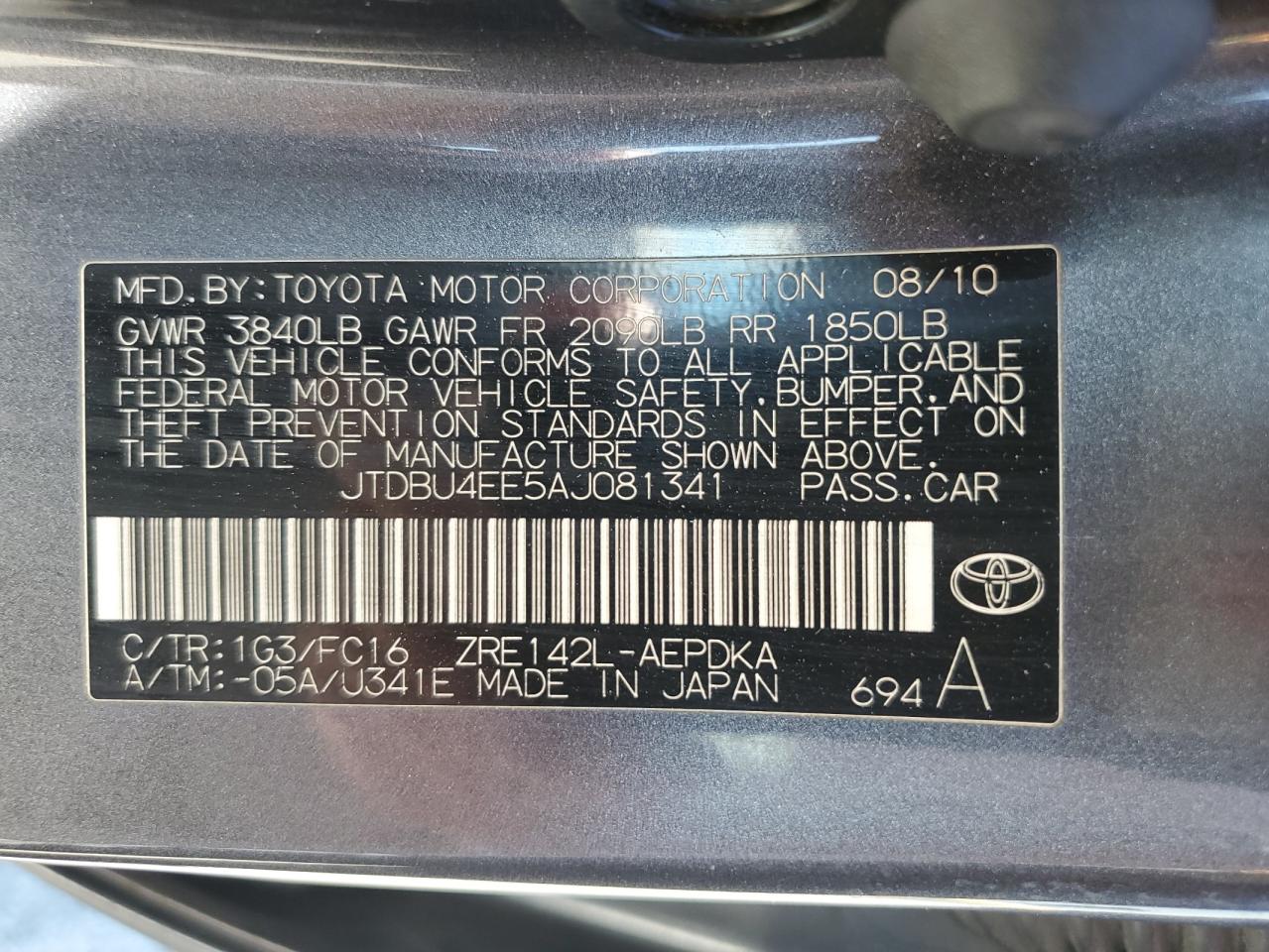 jtdbu4ee5aj081341 JTDBU4EE5AJ081341 2010 Toyota Corolla Base