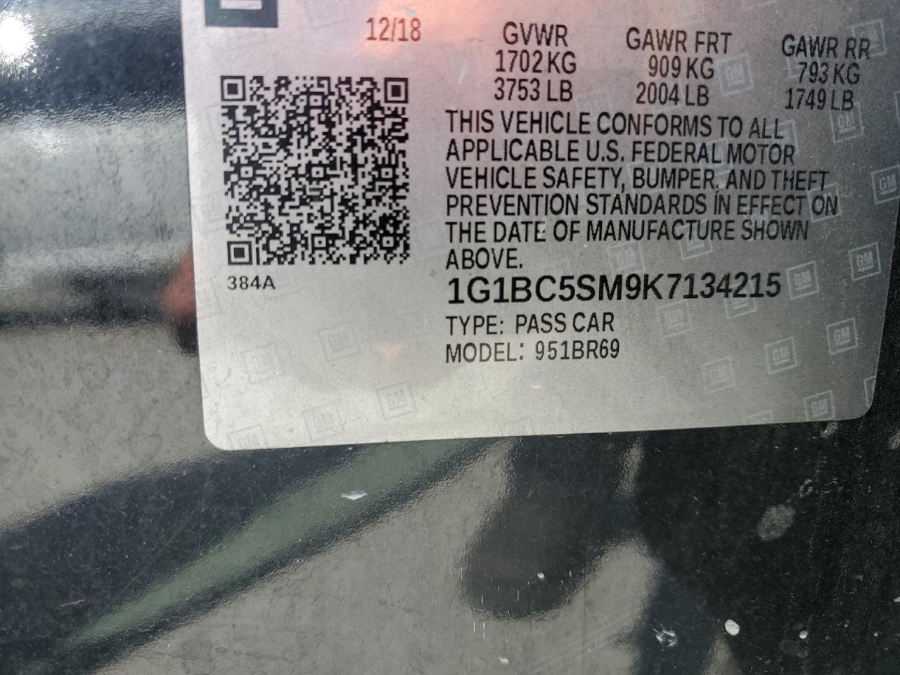 2019 Chevrolet Cruze Ls VIN: 1G1BC5SM9K7134215 Lot: 64667415