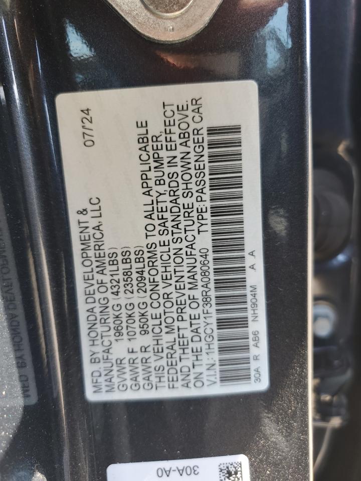 2024 Honda Accord Ex VIN: 1HGCY1F38RA080640 Lot: 65245465